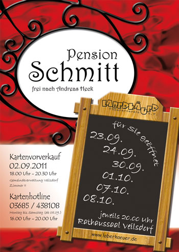 Plakat für die 6 Vorstellungen des Stückes "Pension Schmitt" mit Spielterminen und Infos zum Kartenvorverkauf
